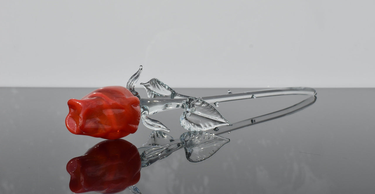 Handmade Orange-Red Glass Rose: Flame Work Sculpture, 14-inch