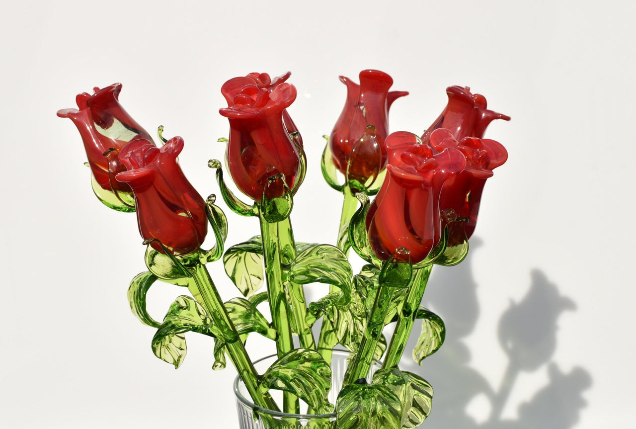 Red Glass Rose Flower – Hand Blown Art Sculpture – 13” Long Stem Collectible Gift – Single Flower or Bouquet