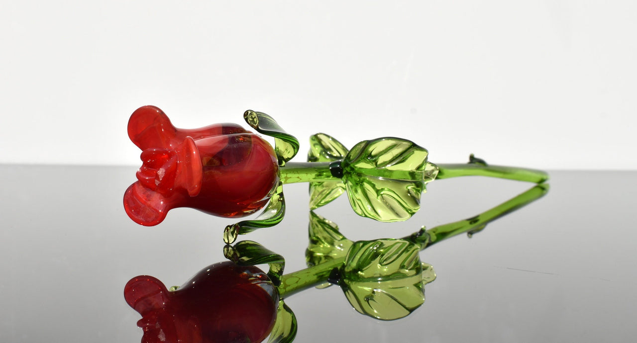 Red Glass Rose Flower – Hand Blown Art Sculpture – 13” Long Stem Collectible Gift – Single Flower or Bouquet