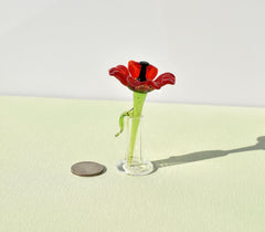 Miniature Glass Poppy Flower in Vase: Handmade Collectible Statue