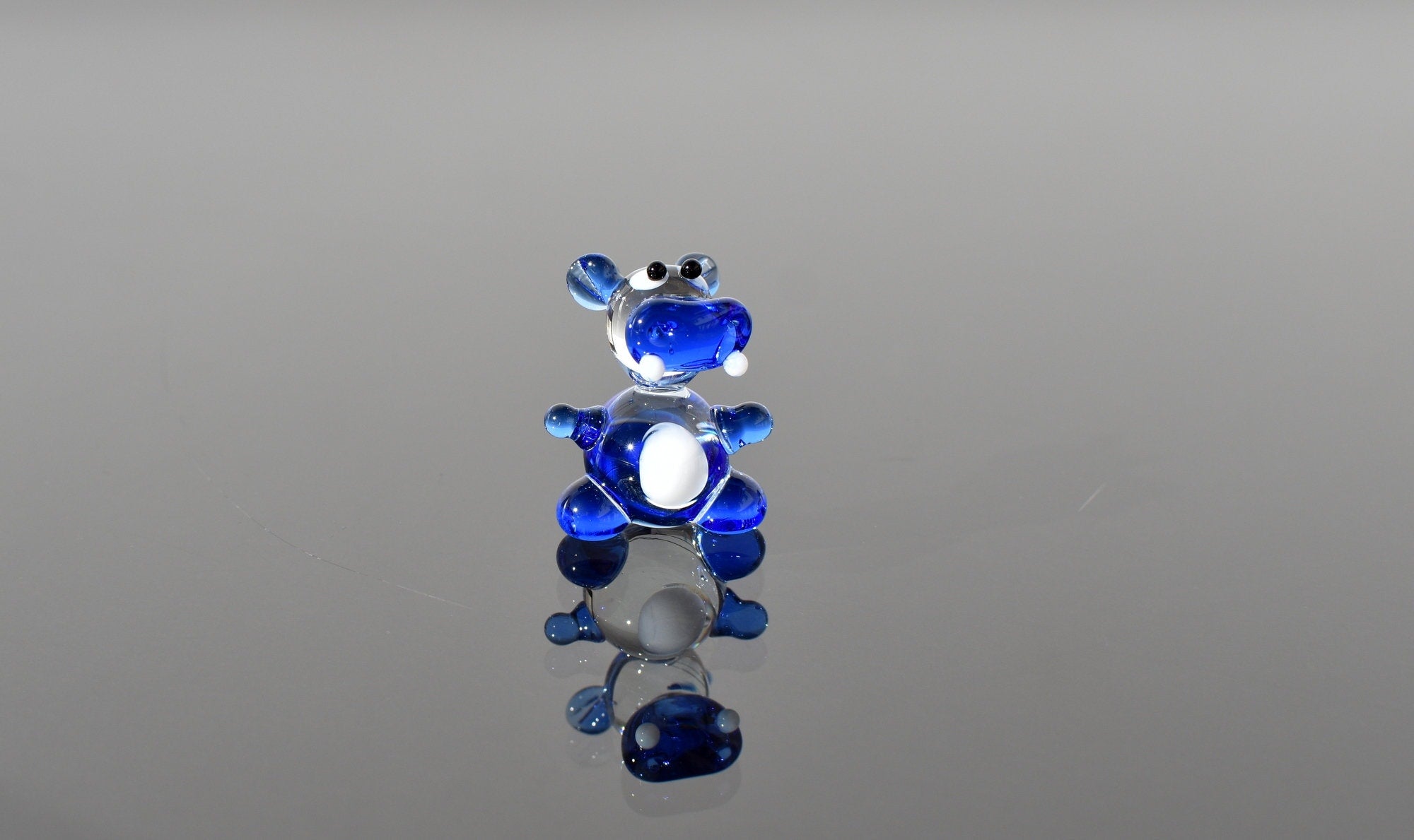 Lampwork Glass Hippo Figurine: Blue Whimsical Miniature