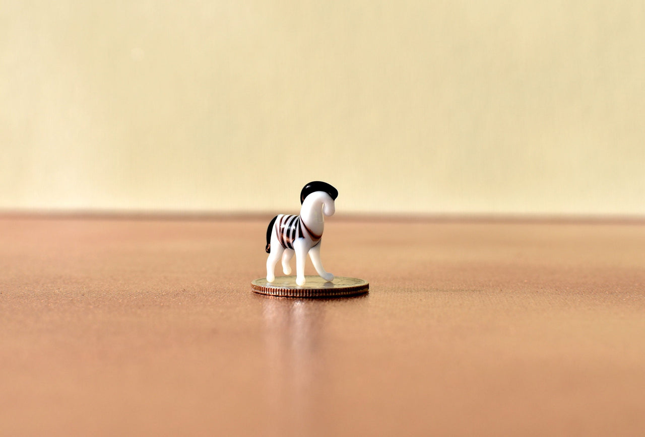 Tiny Glass Zebra Figurine – Miniature Animal Sculpture, Unique Black and White Collectible