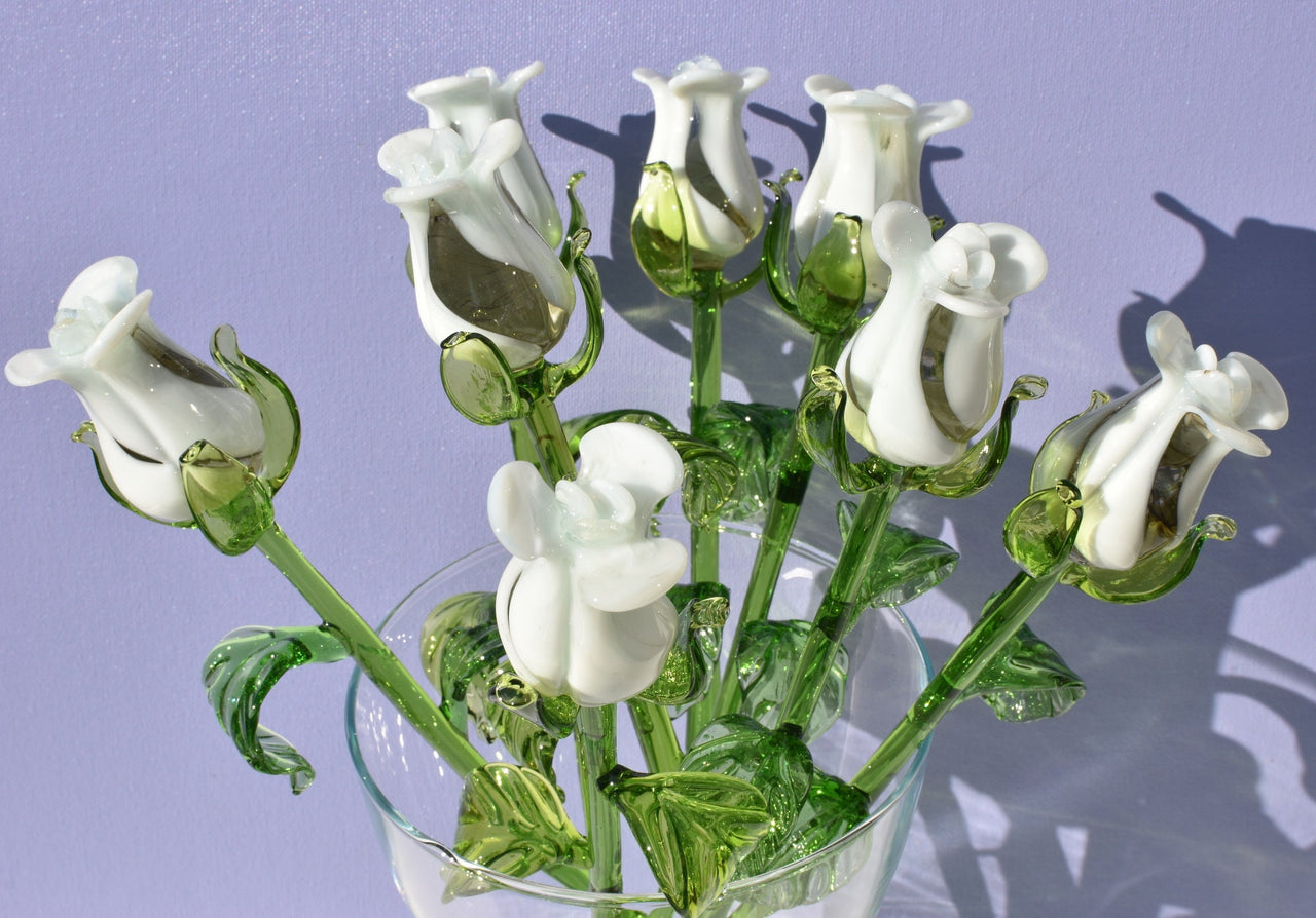 Glass Rose - White Glass Flowers - Glass Flower Bouquet - Hand Blown Glass Flower - Blown Glass Rose - Mothers Day Gifts for Her