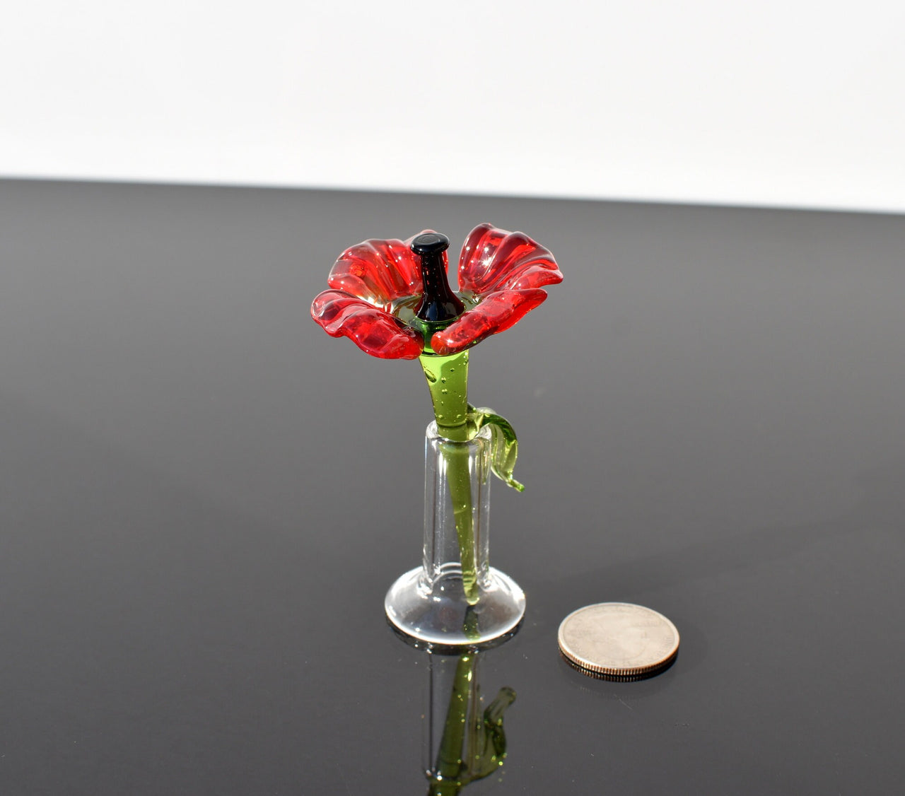 Miniature Glass Poppy Flower in Vase: Handmade Collectible Statue