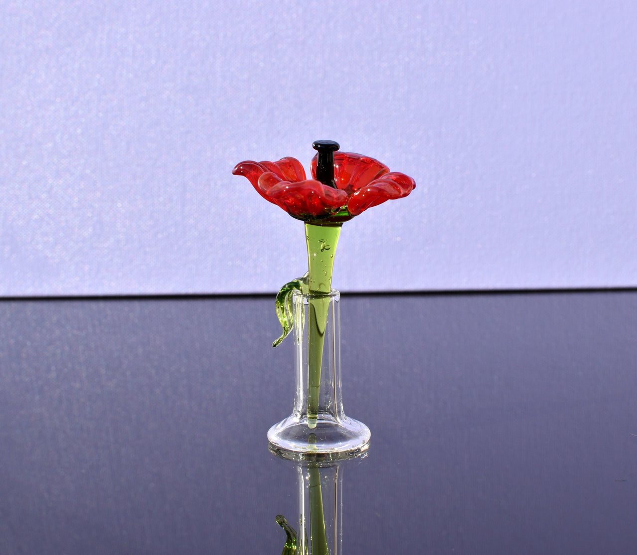 Miniature Glass Poppy Flower in Vase: Handmade Collectible Statue