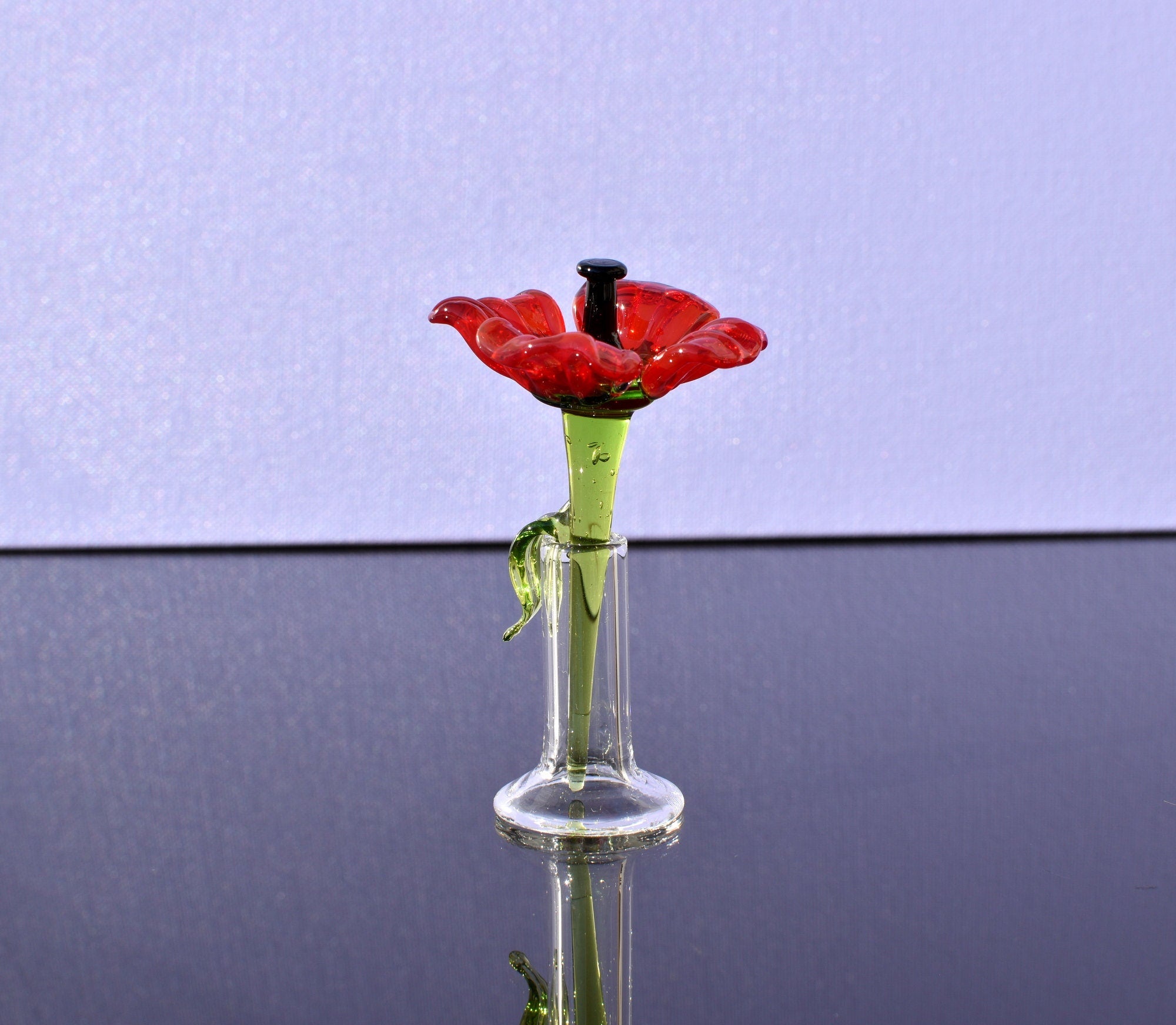 Miniature Glass Poppy Flower in Vase: Handmade Collectible Statue