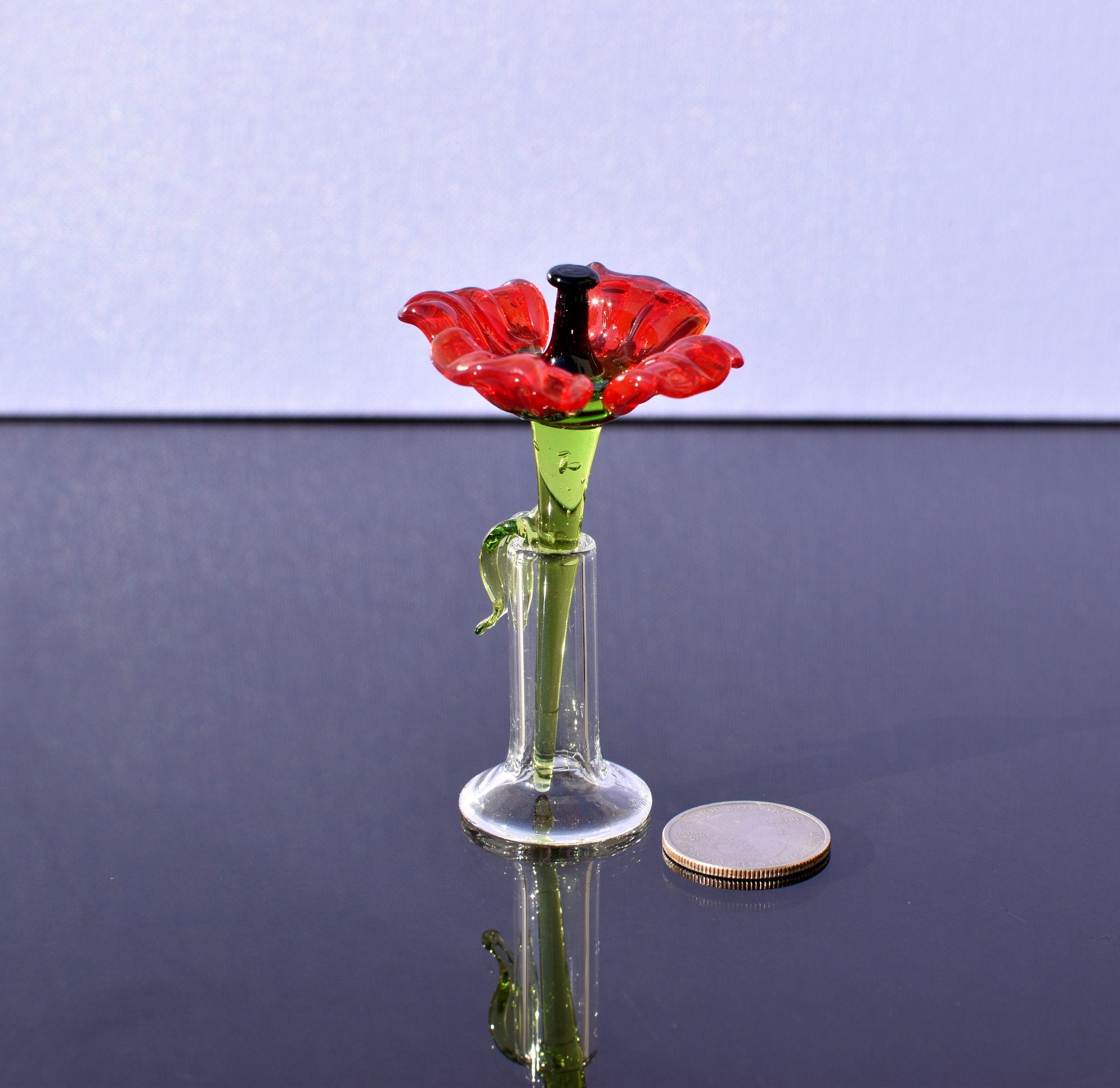 Miniature Glass Poppy Flower in Vase: Handmade Collectible Statue