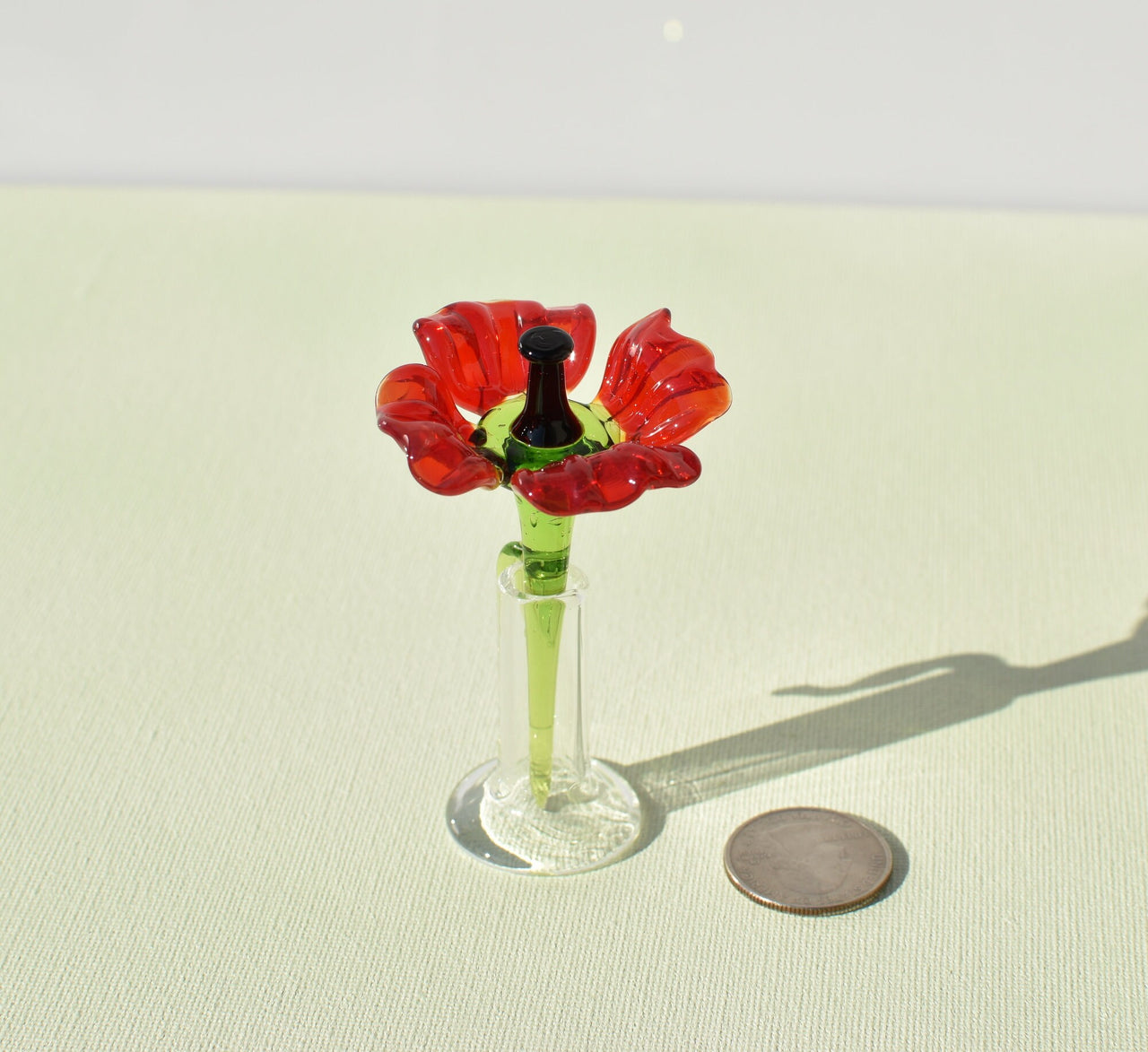 Miniature Glass Poppy Flower in Vase: Handmade Collectible Statue