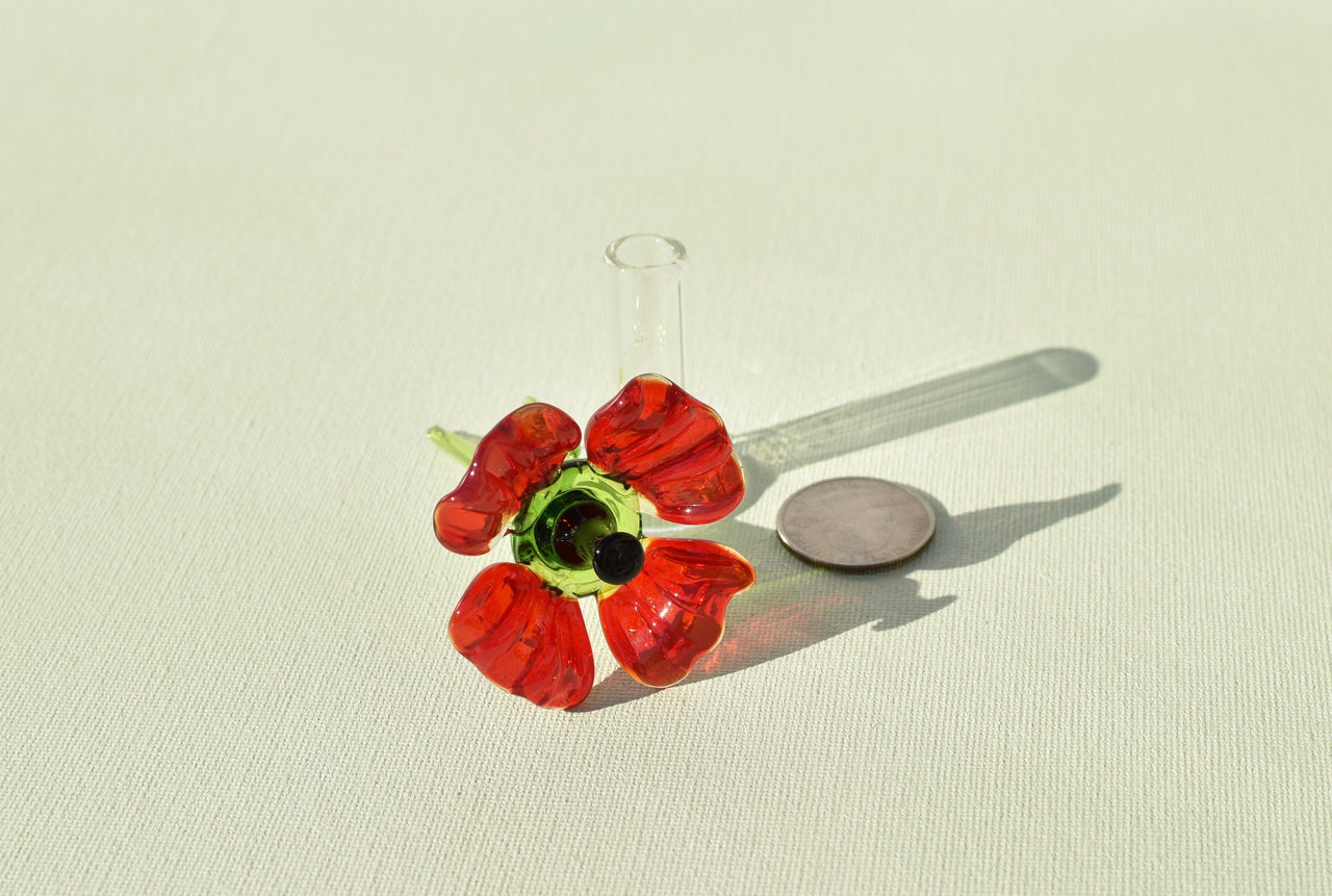 Miniature Glass Poppy Flower in Vase: Handmade Collectible Statue