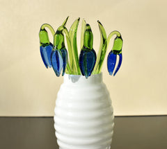 Blue Glass Snowdrop Flower: Handmade Flame Worked Sculpture, 7.5 in