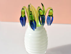 Blue Glass Snowdrop Flower: Handmade Flame Worked Sculpture, 7.5 in