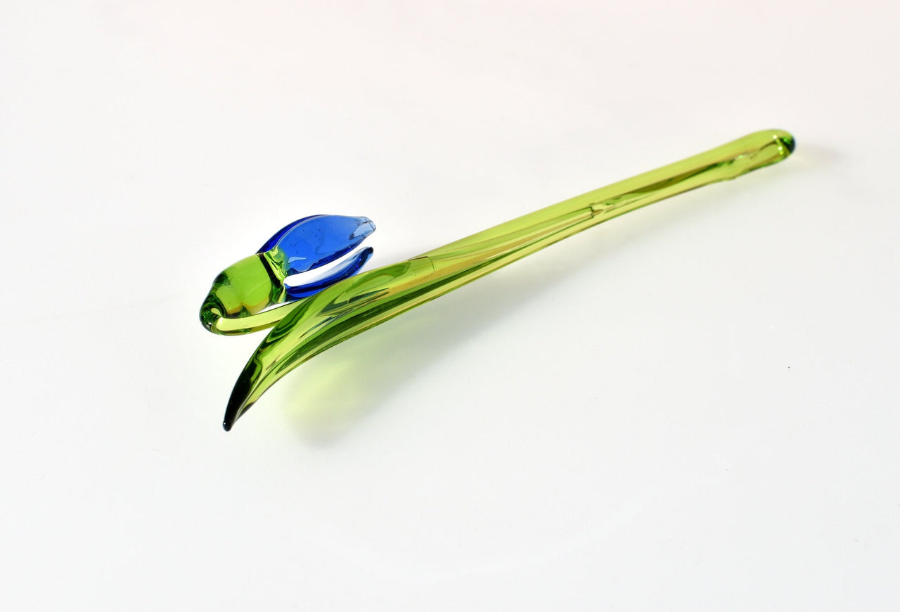 Blue Glass Snowdrop Flower: Handmade Flame Worked Sculpture, 7.5 in
