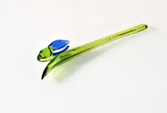 Blue Glass Snowdrop Flower: Handmade Flame Worked Sculpture, 7.5 in