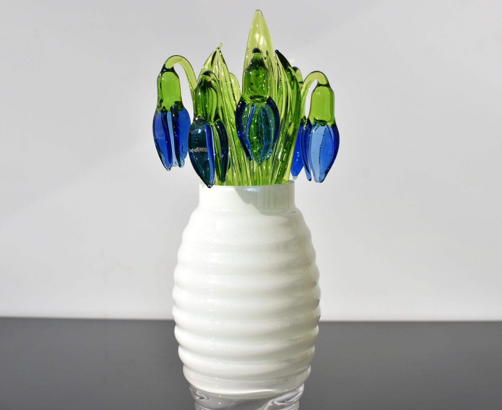 Blue Glass Snowdrop Flower: Handmade Flame Worked Sculpture, 7.5 in