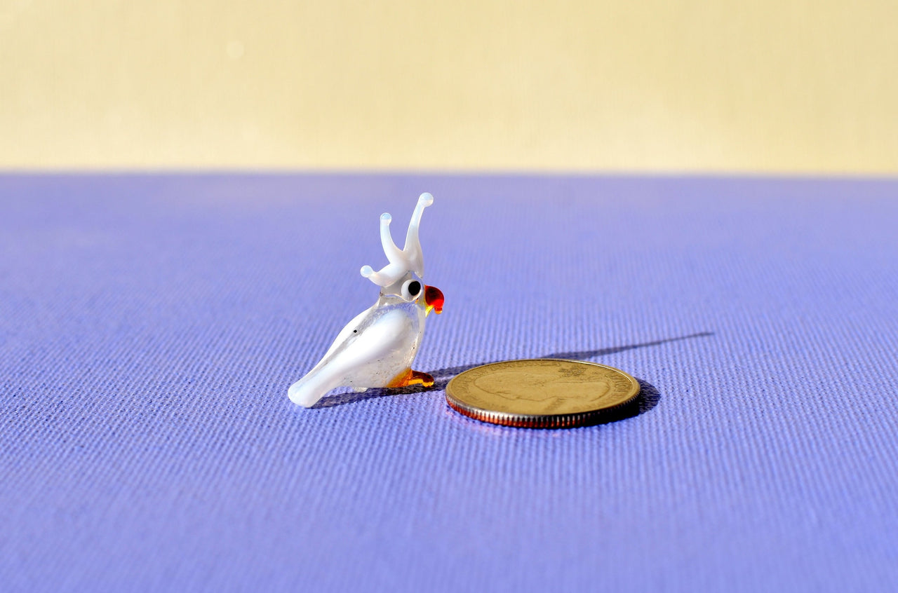 Handmade Glass Cockatoo Figurine: Whimsical Miniature Parrot Sculpture