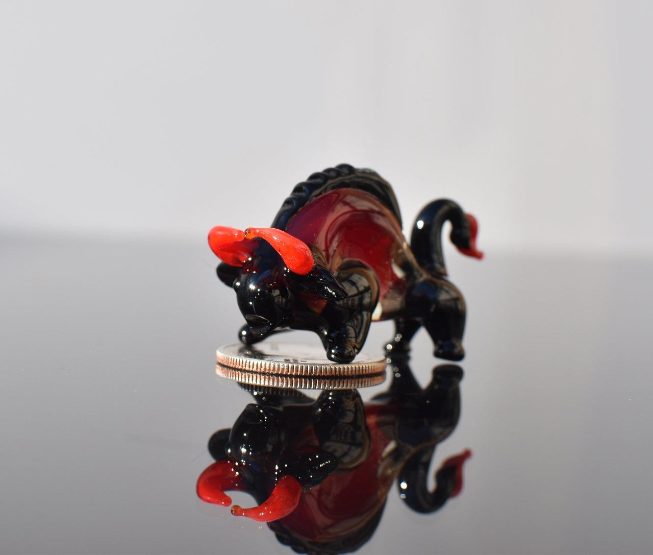 Flame Worked Glass Bull Figurine: Black and Red Art Glass Sculpture