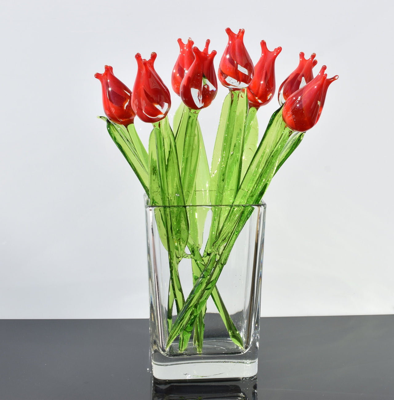 Handmade Red Glass Tulip: Collectible Flame-Worked Sculpture, 11.5 inch