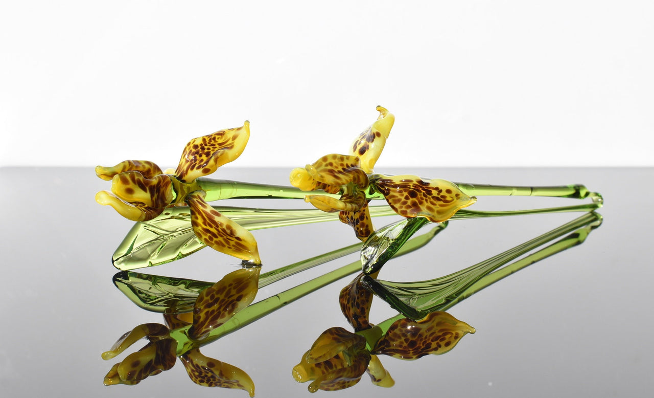 Handmade Yellow Glass Tiger Iris Flower Sculpture: Weatherproof Art Glass, 8-inch