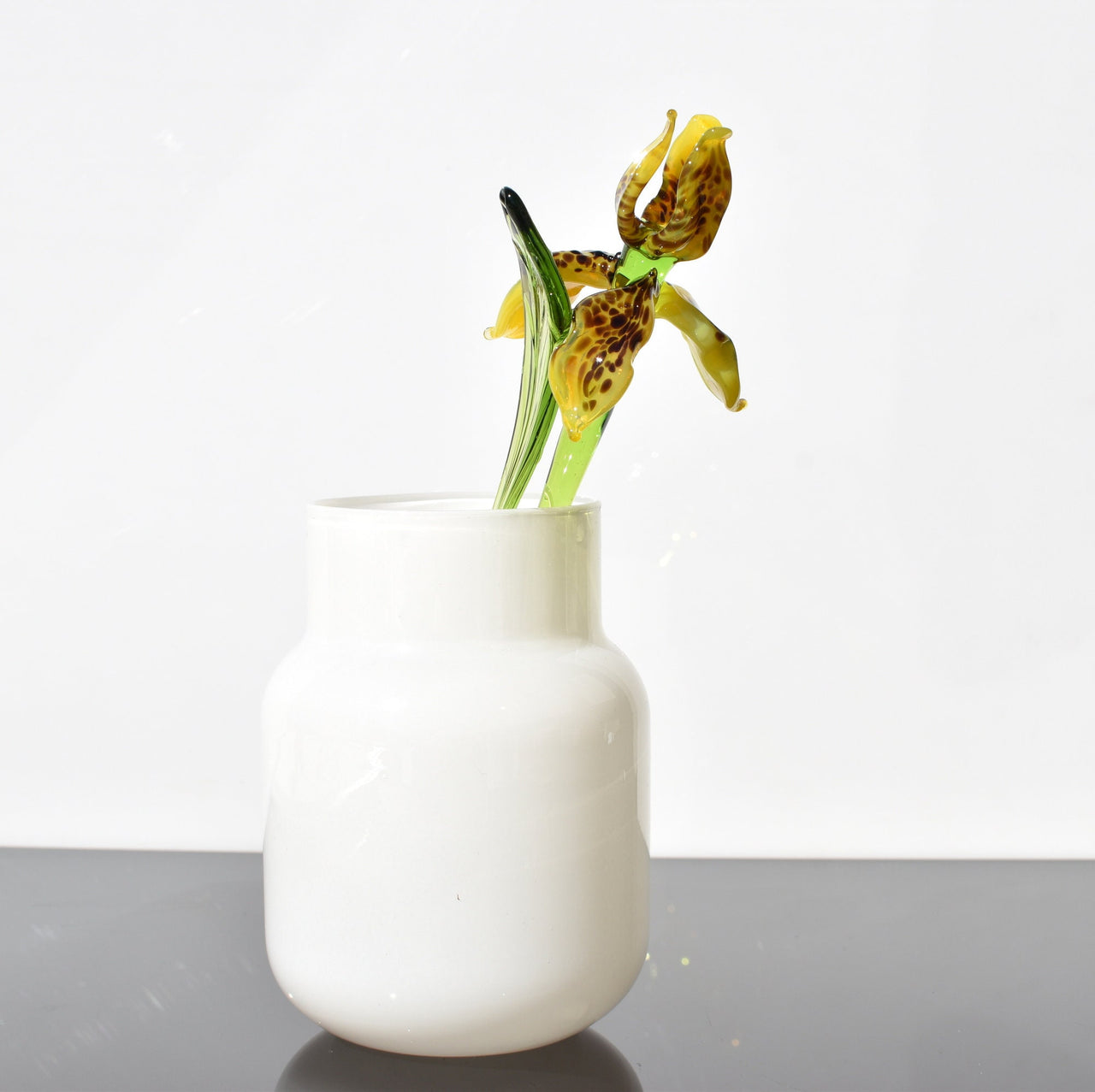 Handmade Yellow Glass Tiger Iris Flower Sculpture: Weatherproof Art Glass, 8-inch