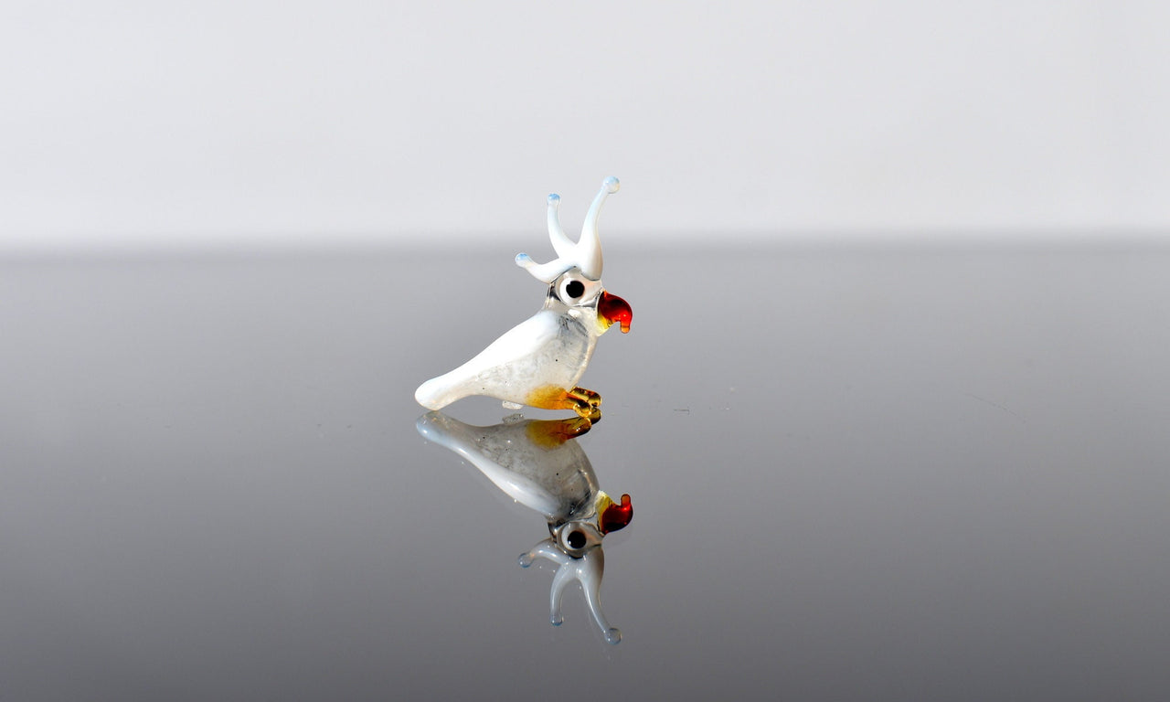Handmade Glass Cockatoo Figurine: Whimsical Miniature Parrot Sculpture
