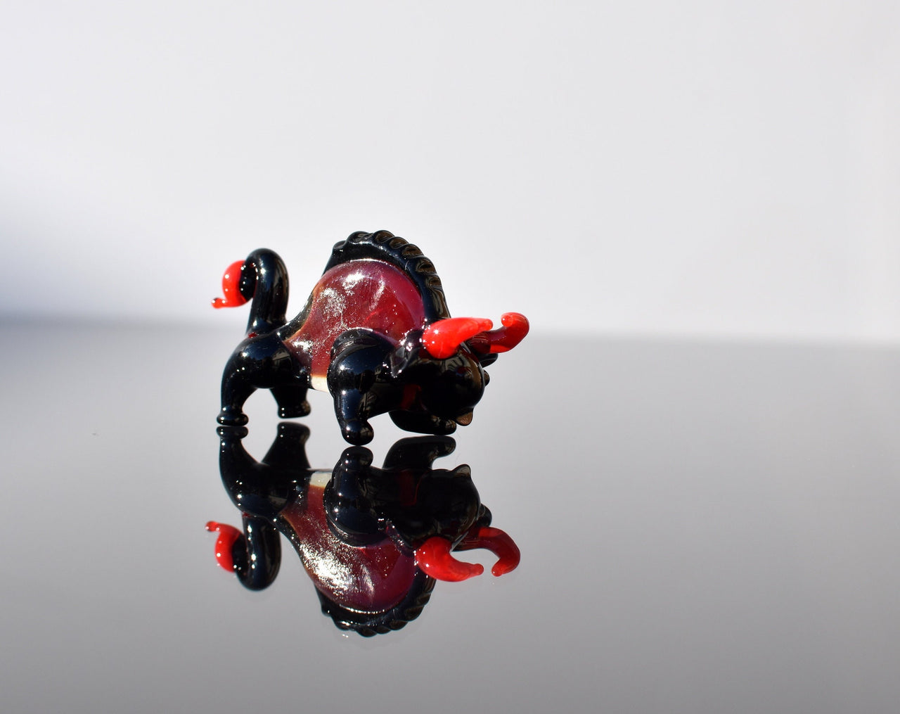 Flame Worked Glass Bull Figurine: Black and Red Art Glass Sculpture