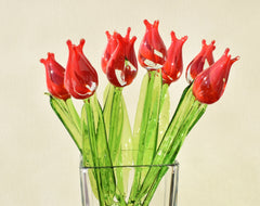 Handmade Red Glass Tulip: Collectible Flame-Worked Sculpture, 11.5 inch