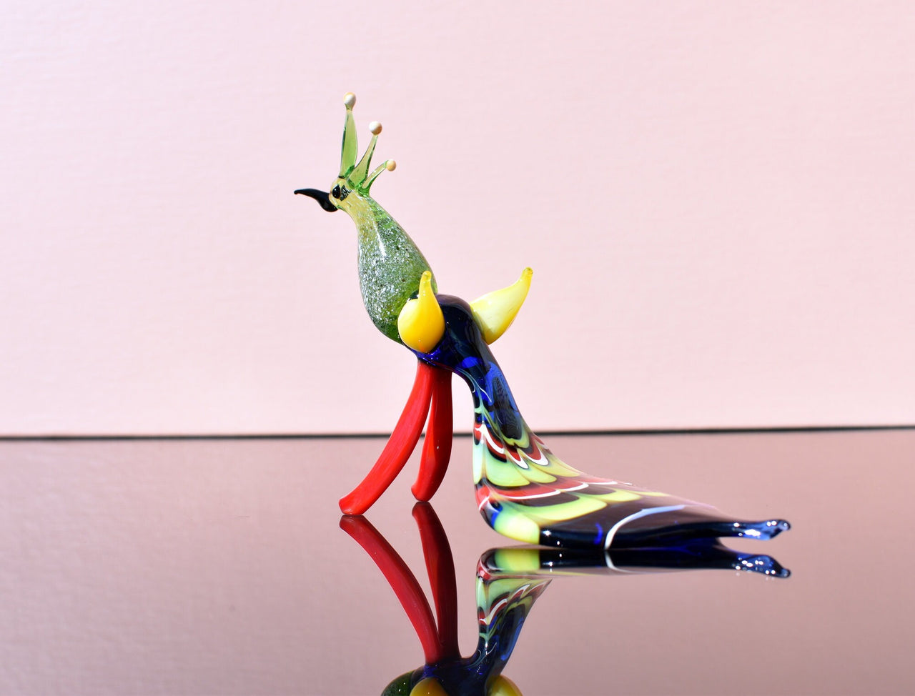 Hand Blown Art Glass Peacock Figurine: Whimsical Flame Worked Sculpture