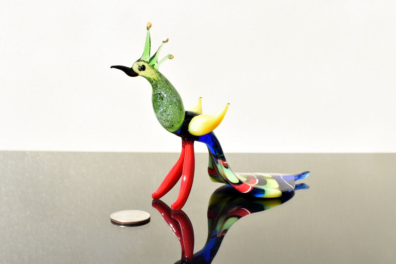 Hand Blown Art Glass Peacock Figurine: Whimsical Flame Worked Sculpture
