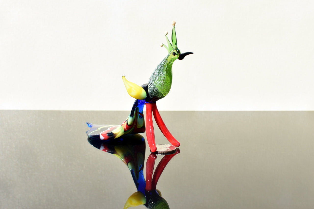Hand Blown Art Glass Peacock Figurine: Whimsical Flame Worked Sculpture