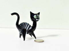 Whimsical Black Halloween Glass Cat Figurine: Hand-Blown Art Glass, Green Eyes