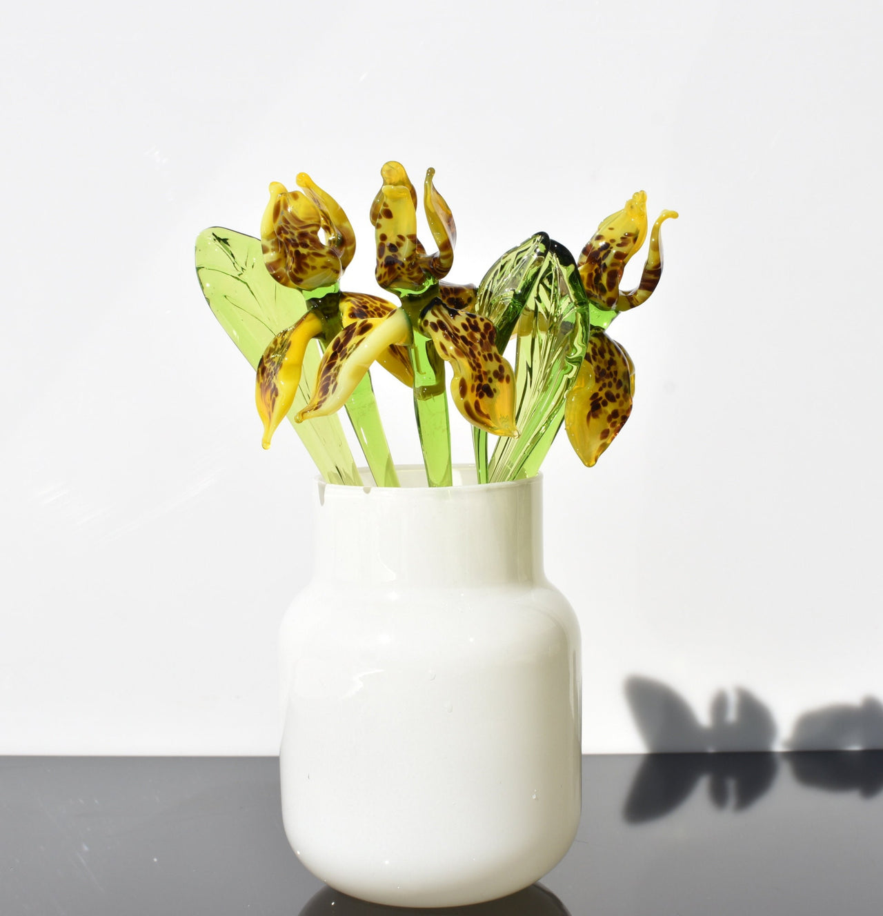 Handmade Yellow Glass Tiger Iris Flower Sculpture: Weatherproof Art Glass, 8-inch
