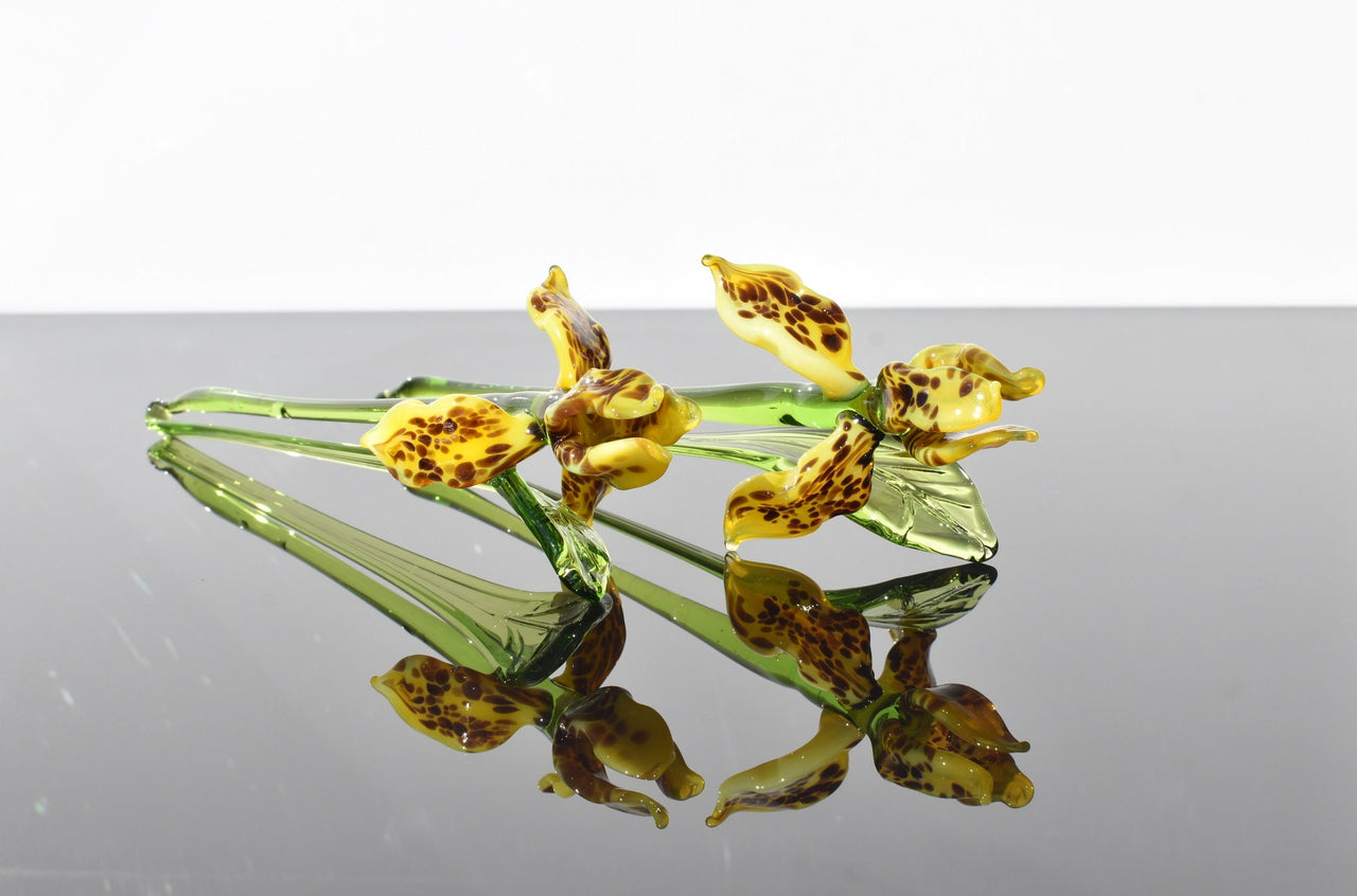 Handmade Yellow Glass Tiger Iris Flower Sculpture: Weatherproof Art Glass, 8-inch