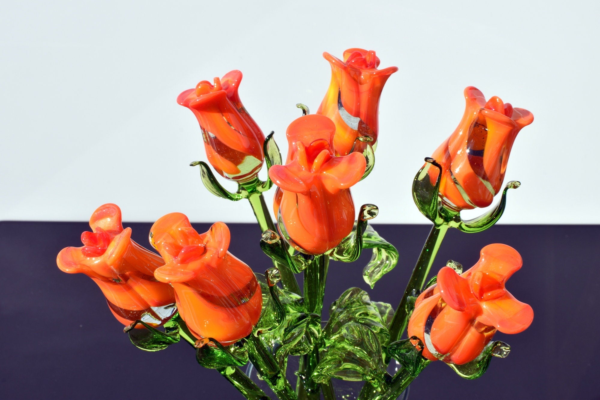 Glass Rose Gorgeous orange glass long stem Rose flower. Excellent addition to your Home Décor, unique gift. Each flower priced individually.