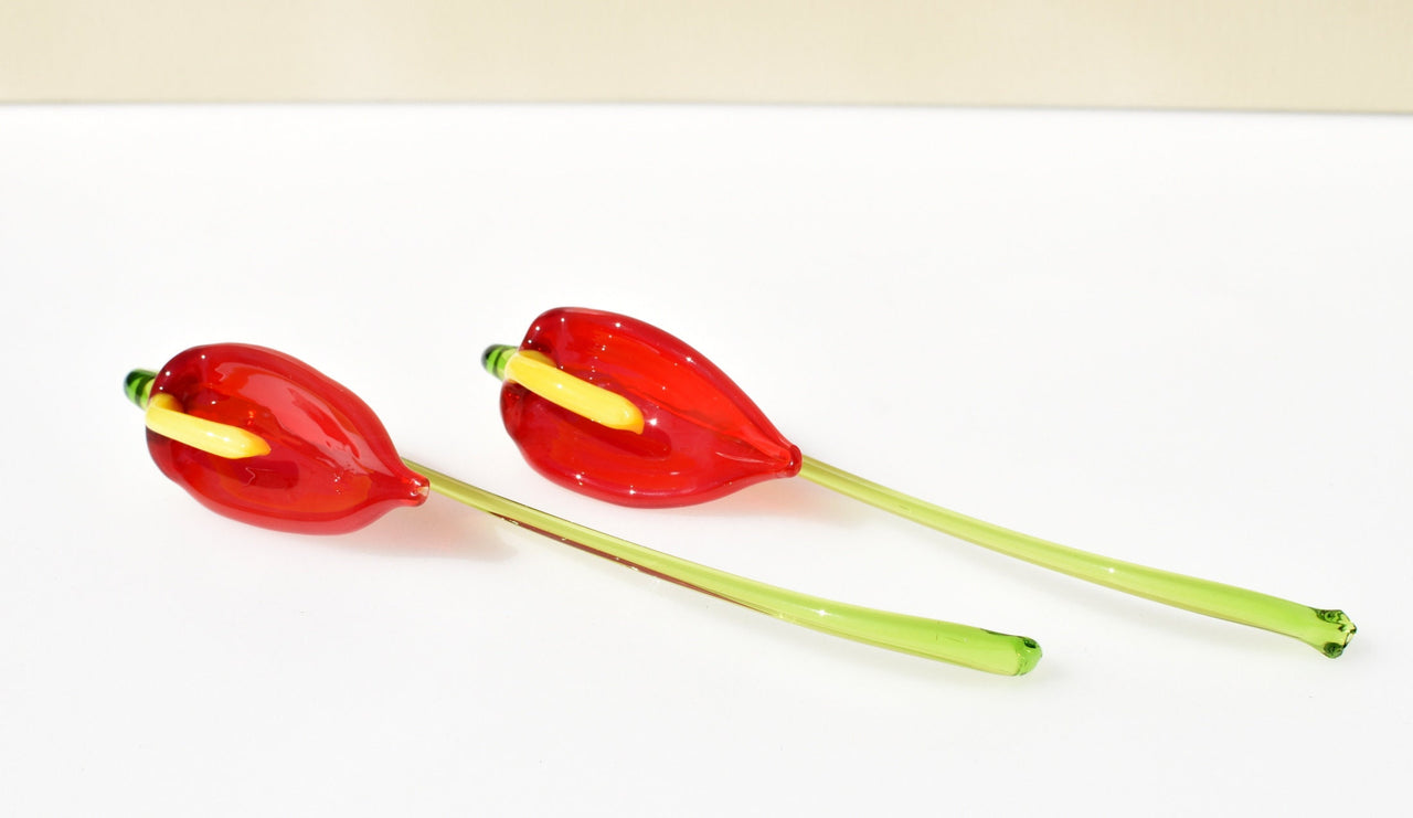 Handmade Glass Anthurium Flower: Red & Yellow Flame-Worked Sculpture