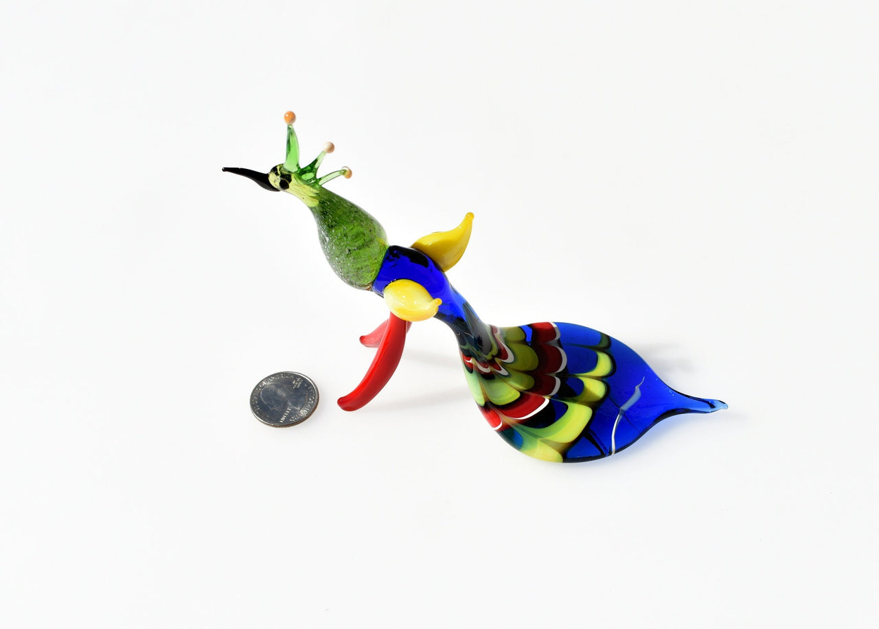 Hand Blown Art Glass Peacock Figurine: Whimsical Flame Worked Sculpture