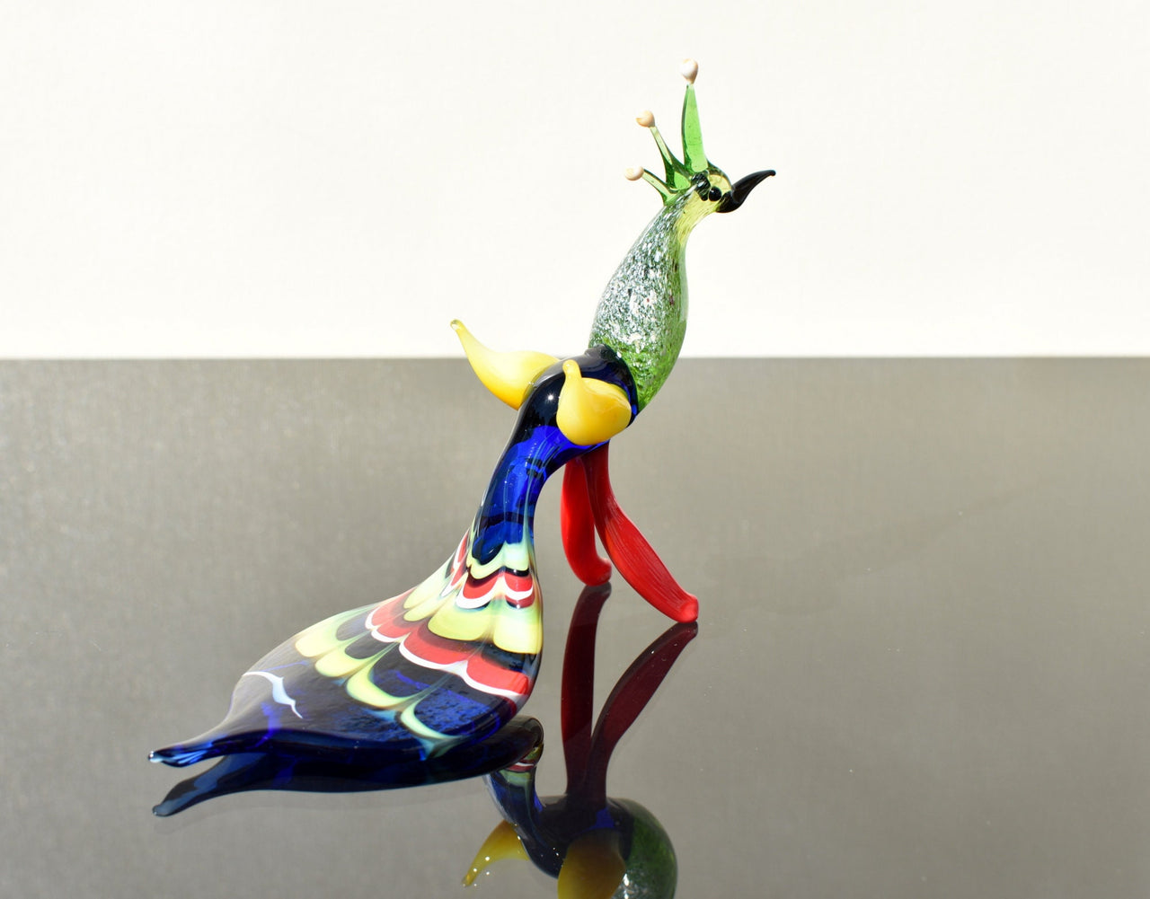 Hand Blown Art Glass Peacock Figurine: Whimsical Flame Worked Sculpture
