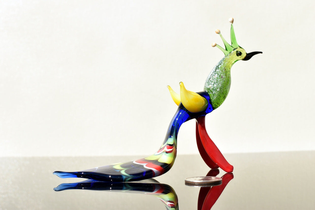 Hand Blown Art Glass Peacock Figurine: Whimsical Flame Worked Sculpture