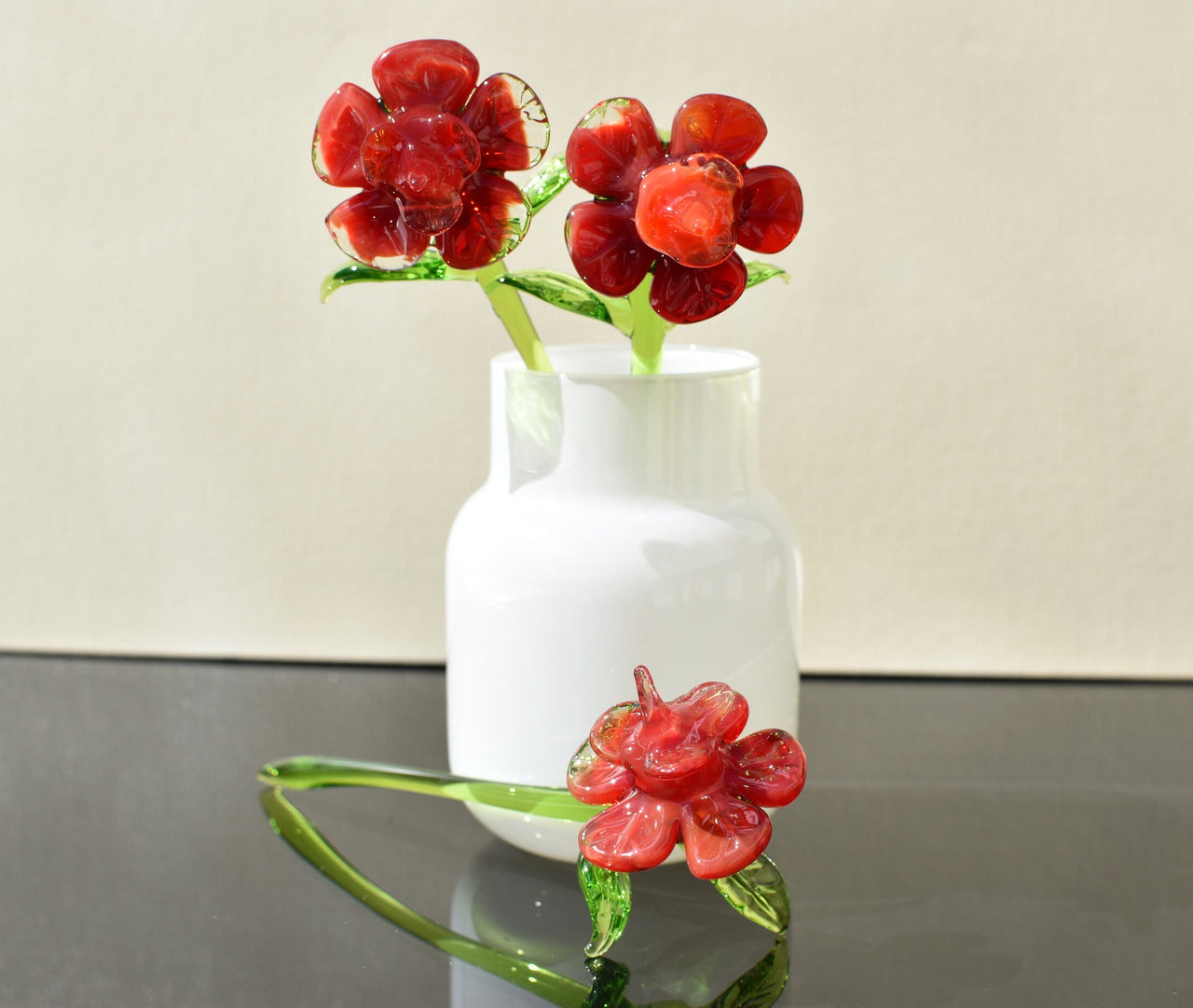 Hand Blown Red Glass Flowers: Collectible Flamework Sculpture, 7 Inch