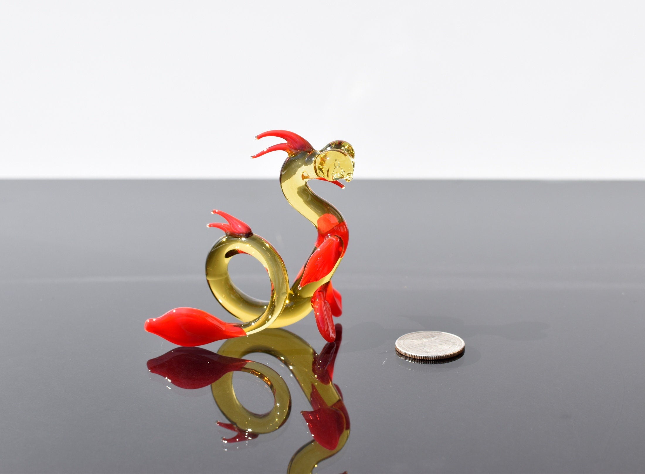 Handmade Art Glass Dragon Figurine: Orange Yellow Flame Work Collectible