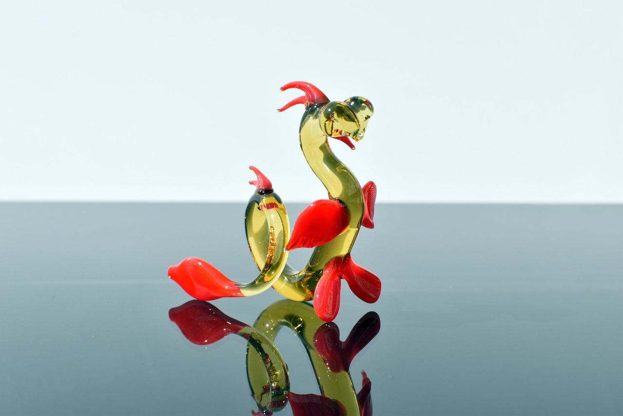 Handmade Art Glass Dragon Figurine: Orange Yellow Flame Work Collectible