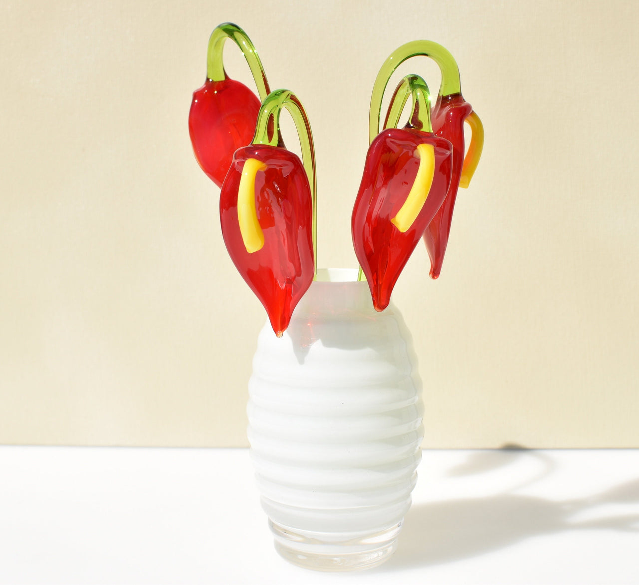 Handmade Glass Anthurium Flower: Red & Yellow Flame-Worked Sculpture