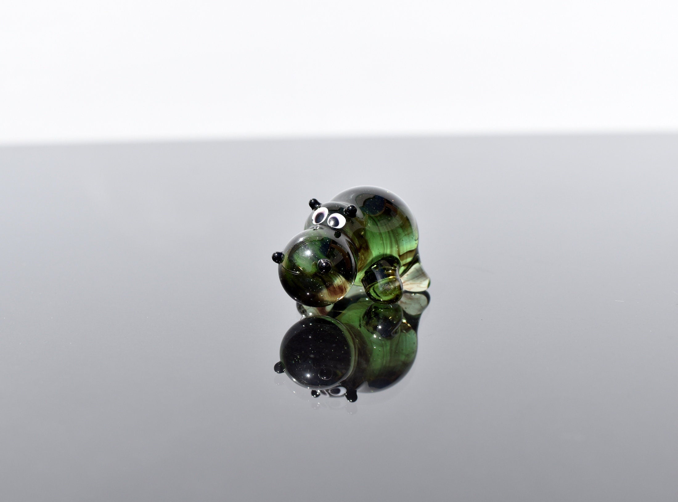 Handmade Green Glass Hippo Figurine: Whimsical Art Glass Sculpture