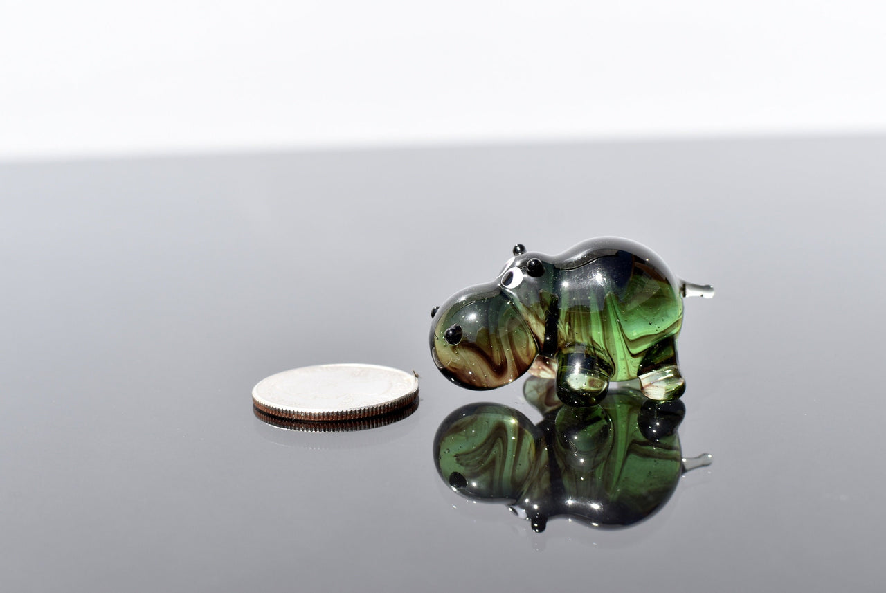 Handmade Green Glass Hippo Figurine: Whimsical Art Glass Sculpture