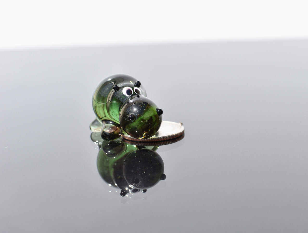 Handmade Green Glass Hippo Figurine: Whimsical Art Glass Sculpture