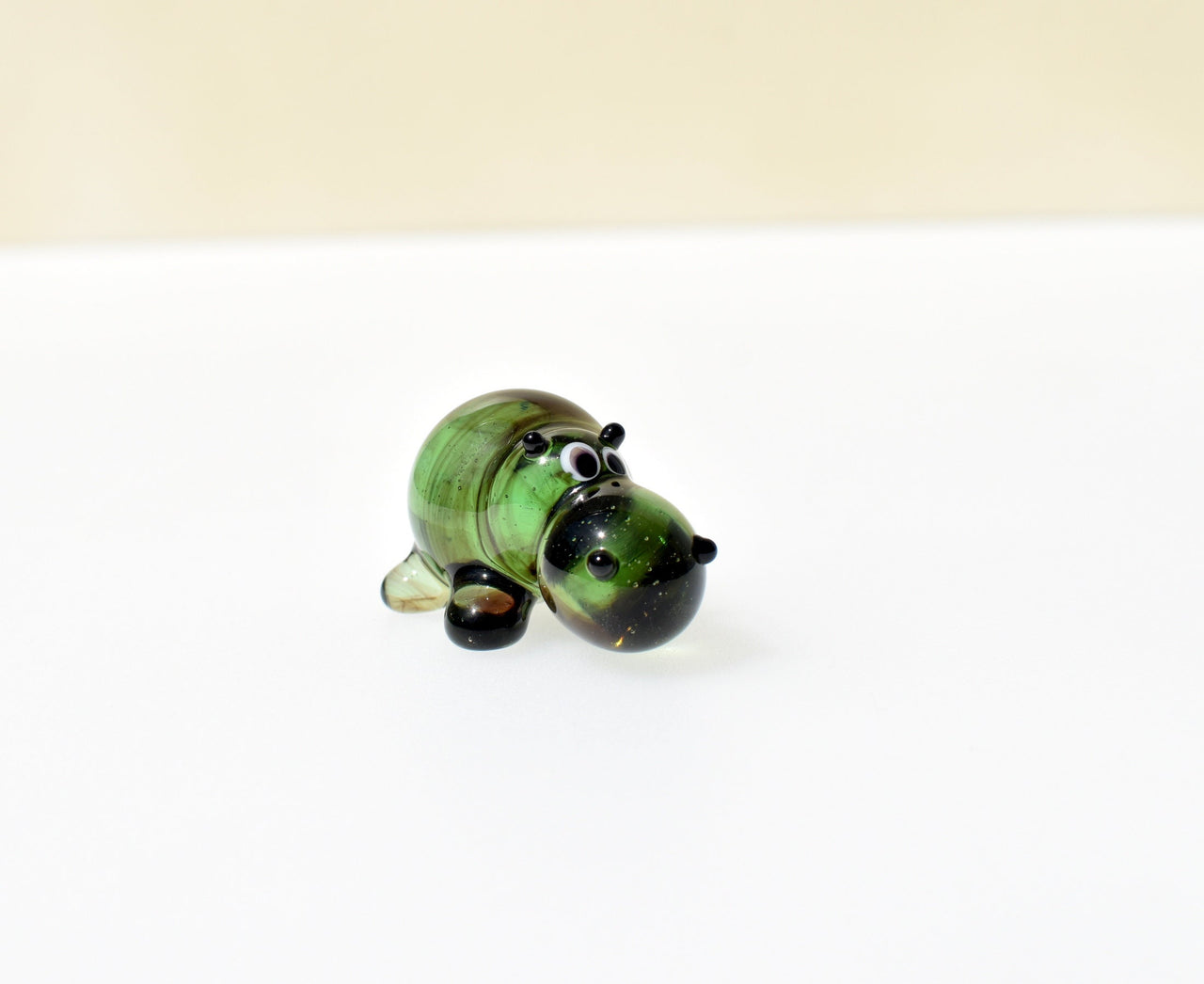 Handmade Green Glass Hippo Figurine: Whimsical Art Glass Sculpture