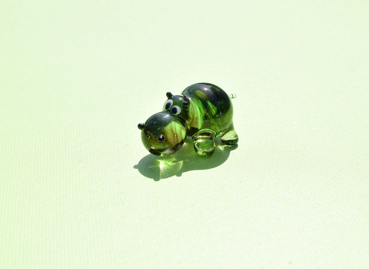 Handmade Green Glass Hippo Figurine: Whimsical Art Glass Sculpture