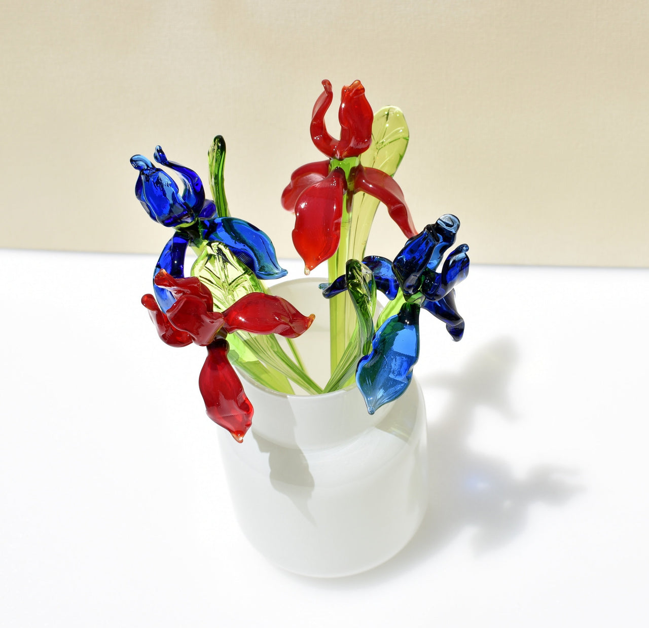 Handmade Glass Iris Bouquet: Red and Blue Flame-Worked Flowers