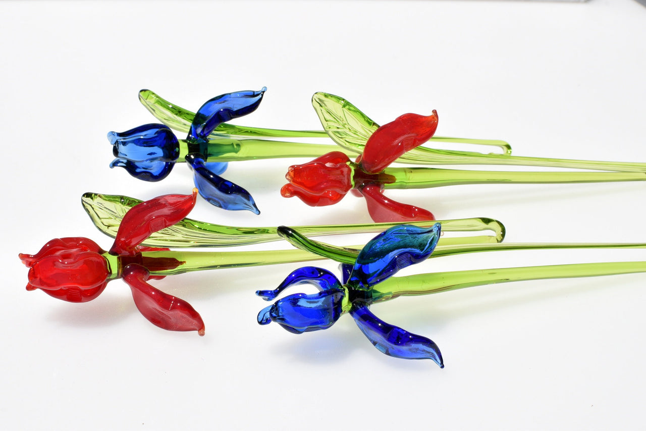 Handmade Glass Iris Bouquet: Red and Blue Flame-Worked Flowers