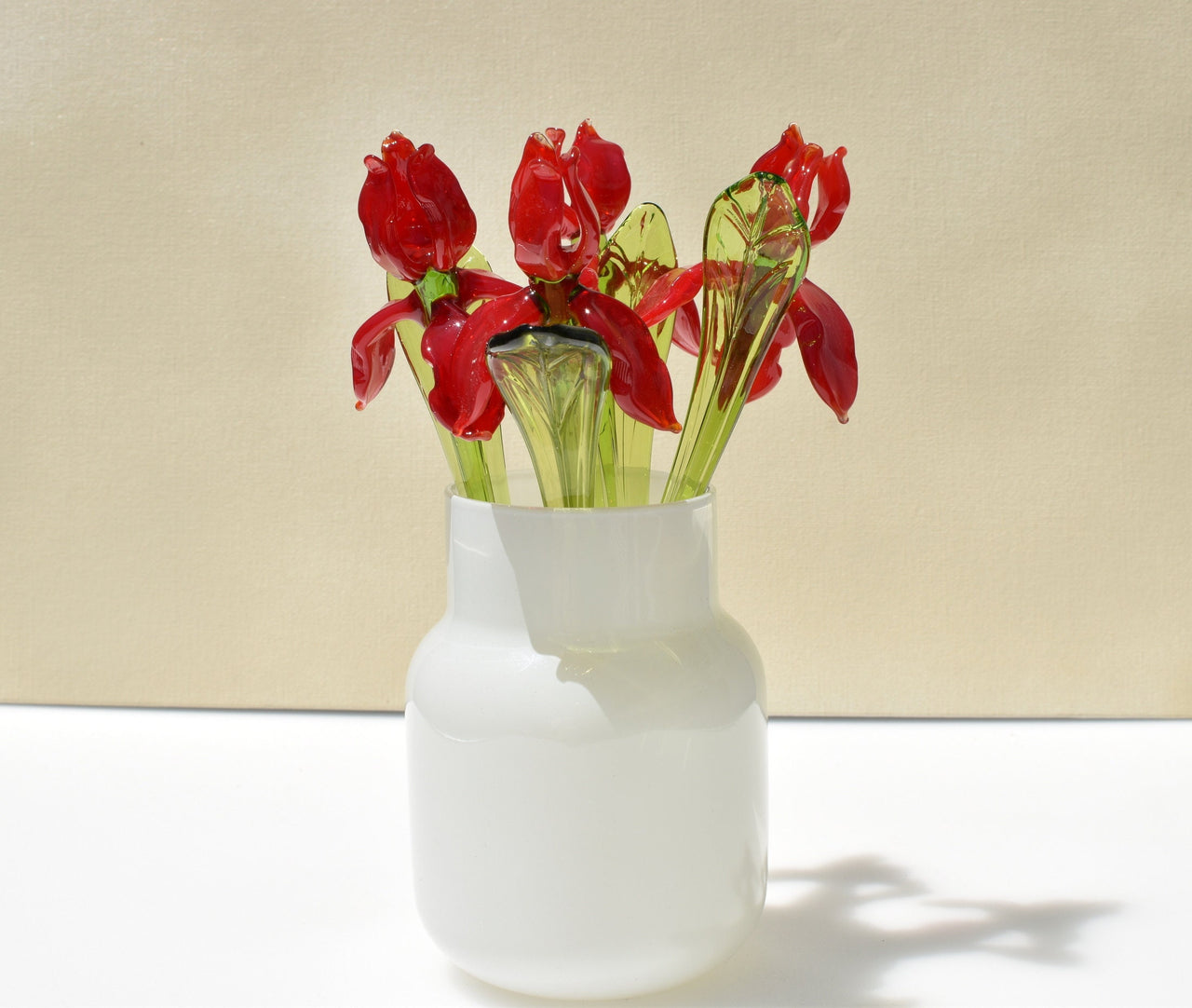 Red Glass Iris Flower: Handmade Flame-Worked Sculpture (7.5-8 inch)