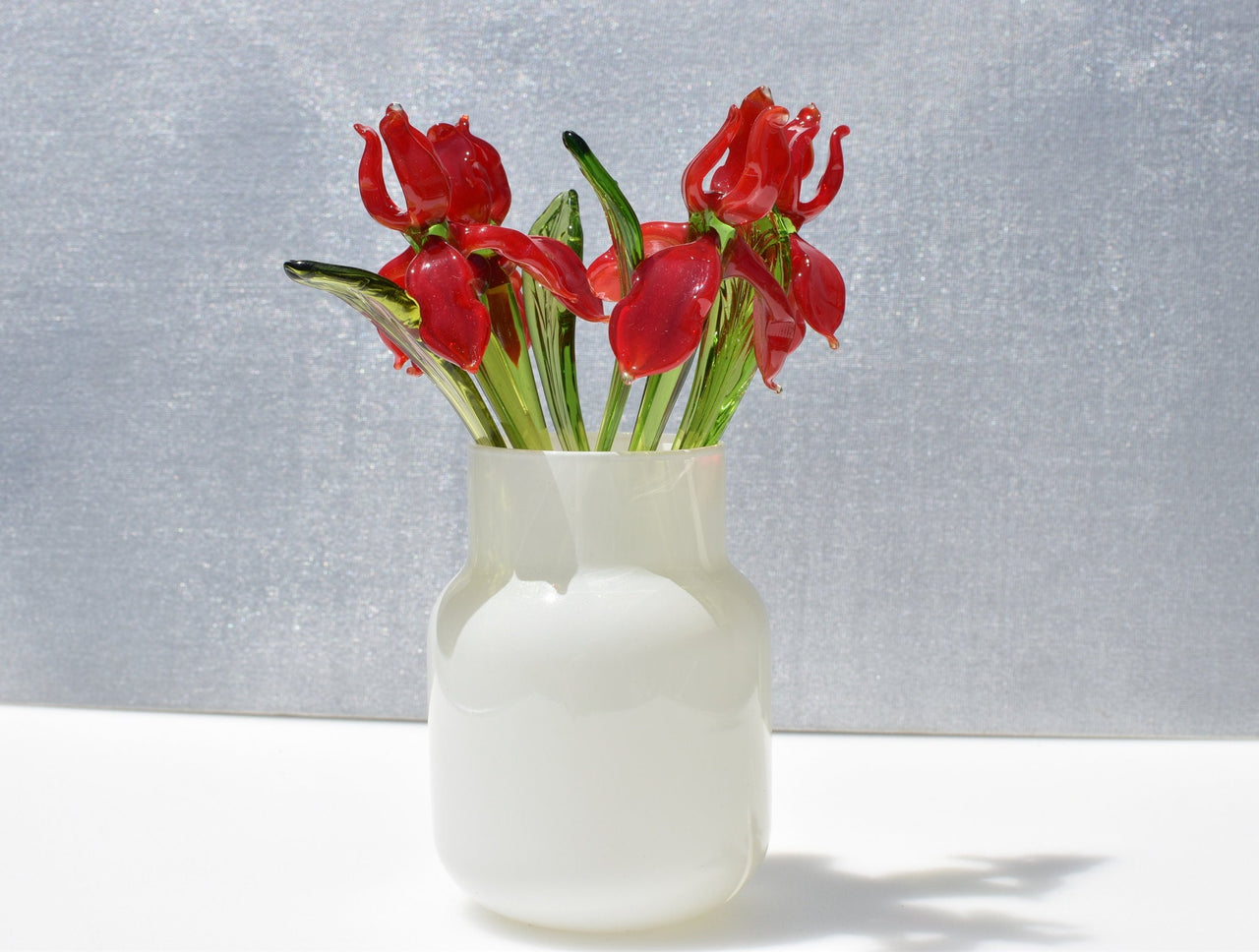 Red Glass Iris Flower: Handmade Flame-Worked Sculpture (7.5-8 inch)